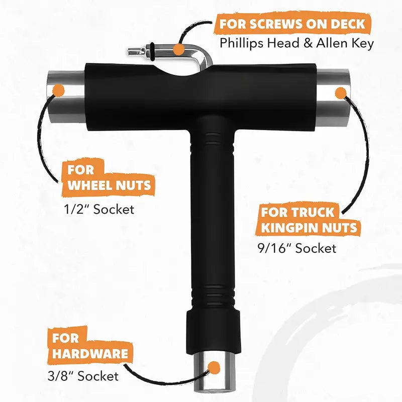 Multi-tool with various sockets for screws, wheel nuts, truck kingpin nuts.